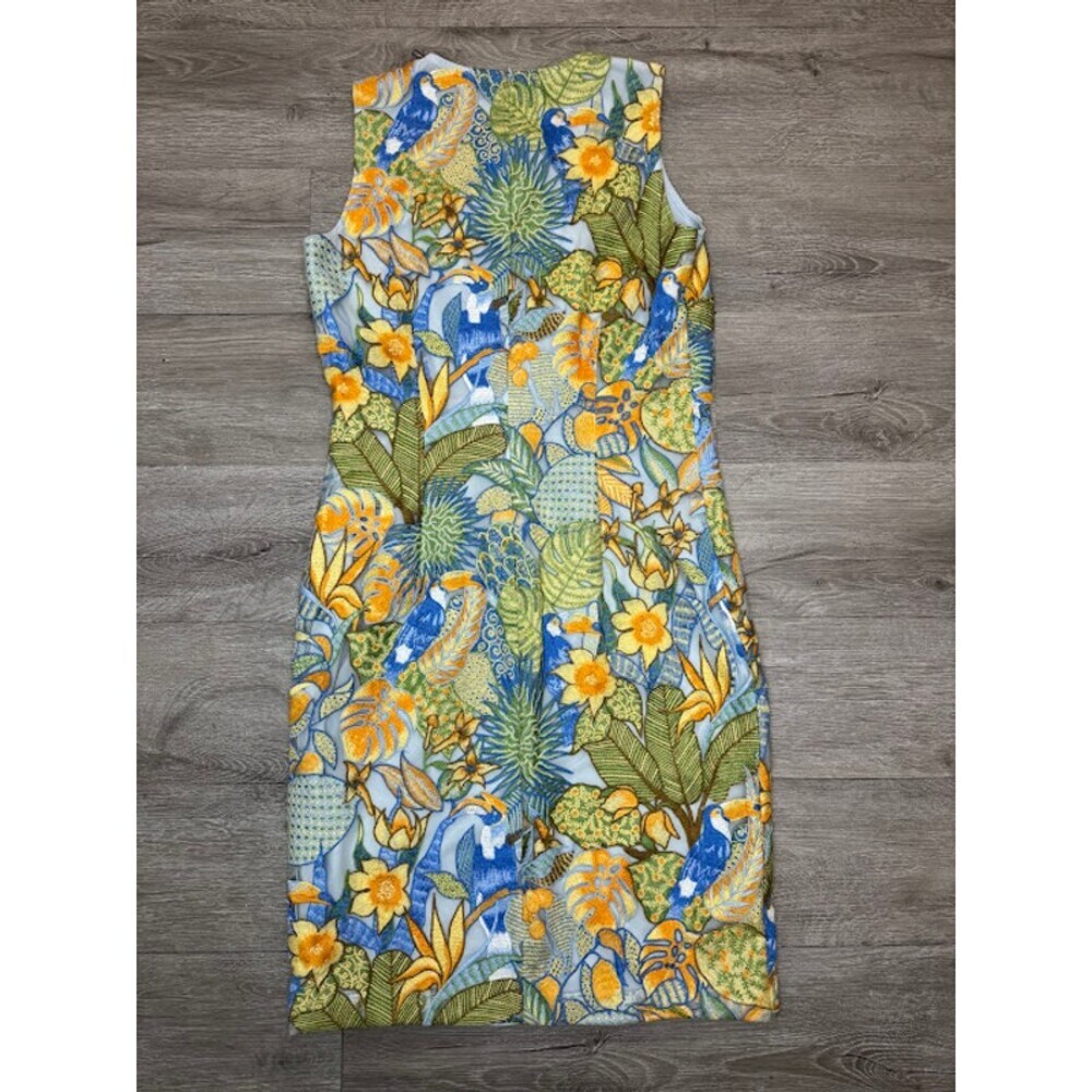 Tropical Parrot Embroidered Sheath Dress Blue Green Sleeveless Women's 0 - Picture 5 of 7